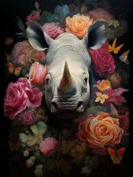 Glasschilderij - Exclusive - Staand - Neushoorn met Bloemen - meubelboutique.nl