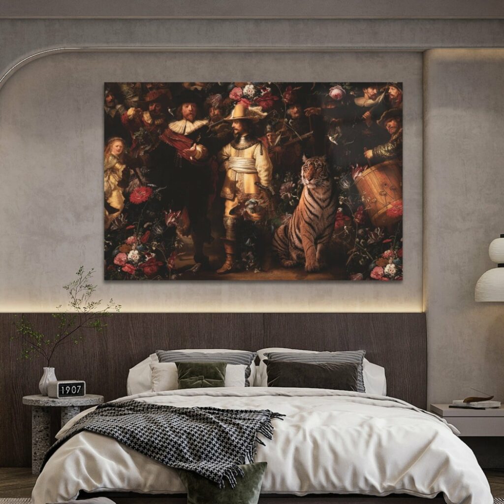 Modern nachtwacht glasschilderij boven bed