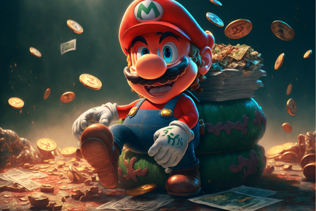 Glasschilderij - 100x150 / 80x120 / 60x90cm (Liggend) - Super Mario With Cash - meubelboutique.nl